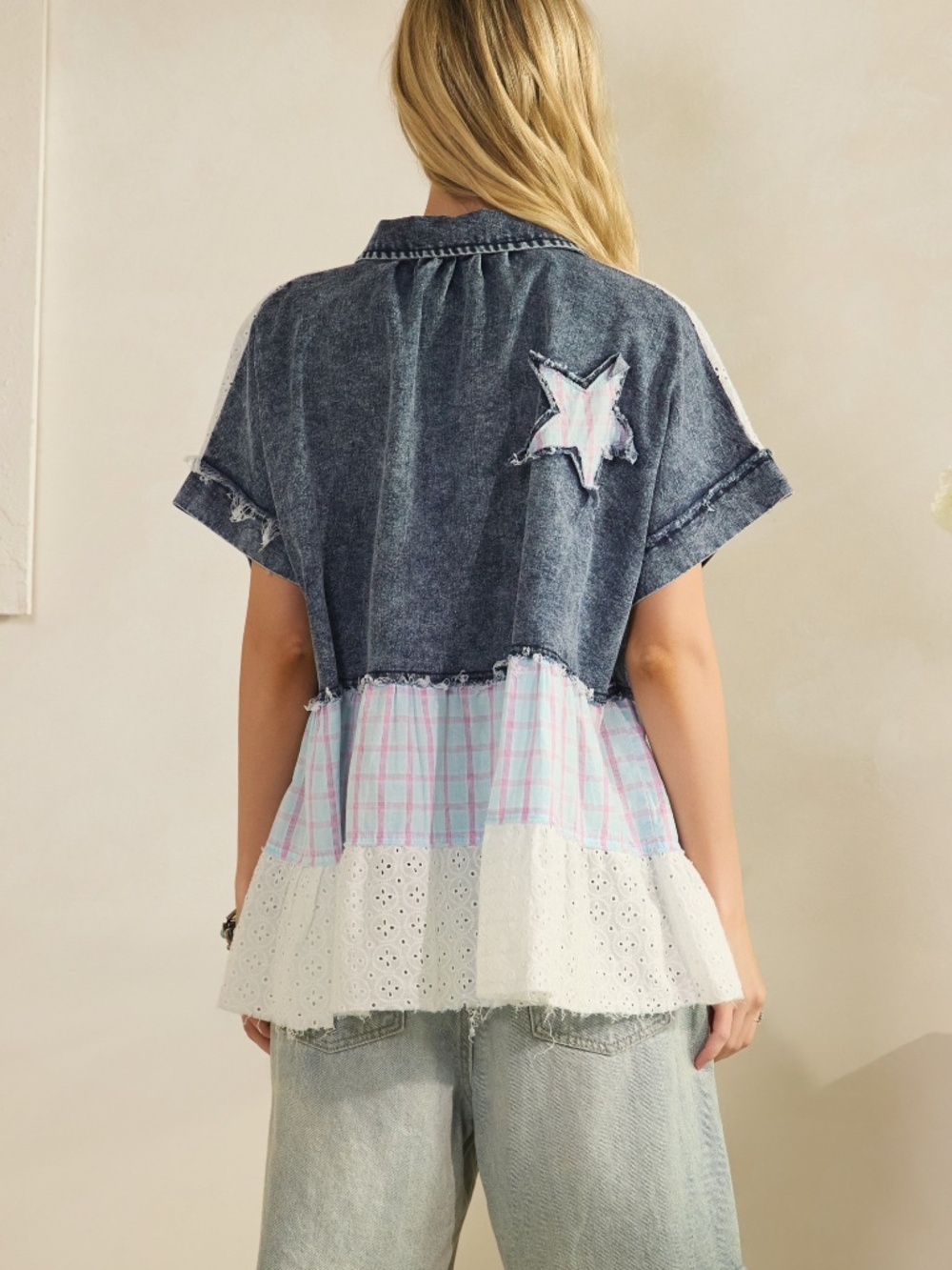 Sage & Fig Dark Wash Denim Plaid Print Star patch Button Down Top - Picture 8 of 8